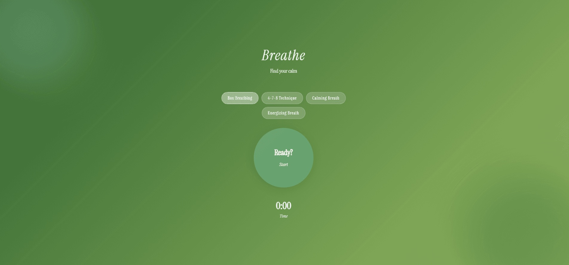 Breathe app landing screen with four breathing technique options