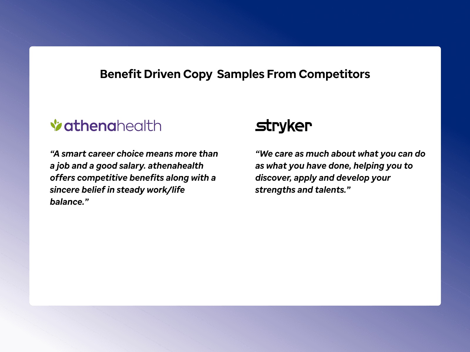 Benefit-driven copy samples pulled from competitor career pages, athenahealth and Stryker