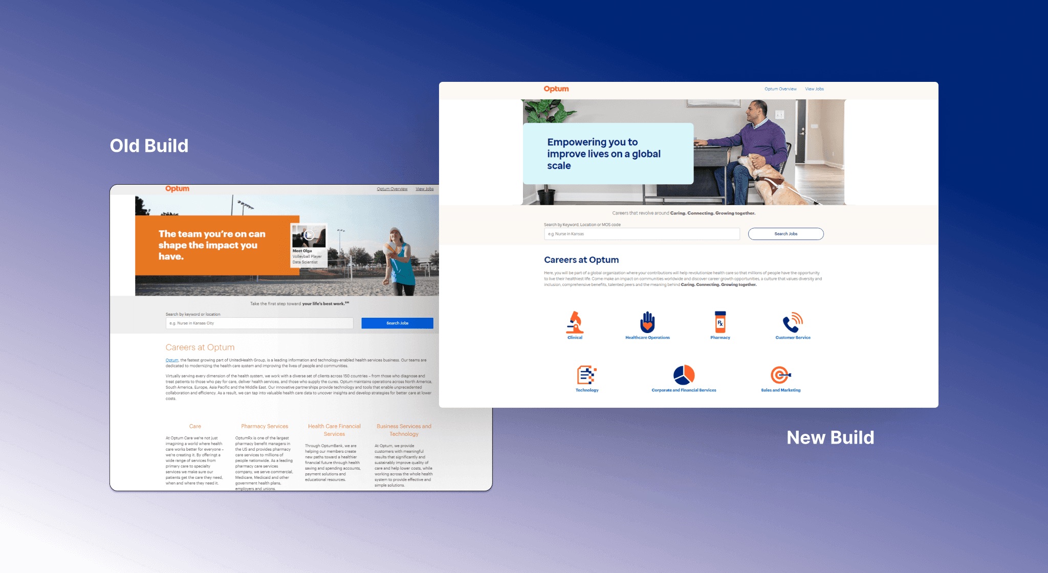 Side-by-side comparison of the old Optum careers page build and the new UX-written build