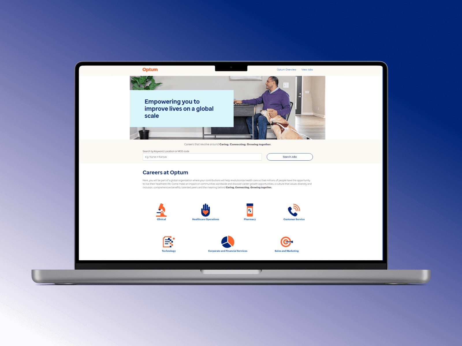 Optum careers landing page, final design, on a laptop mockup