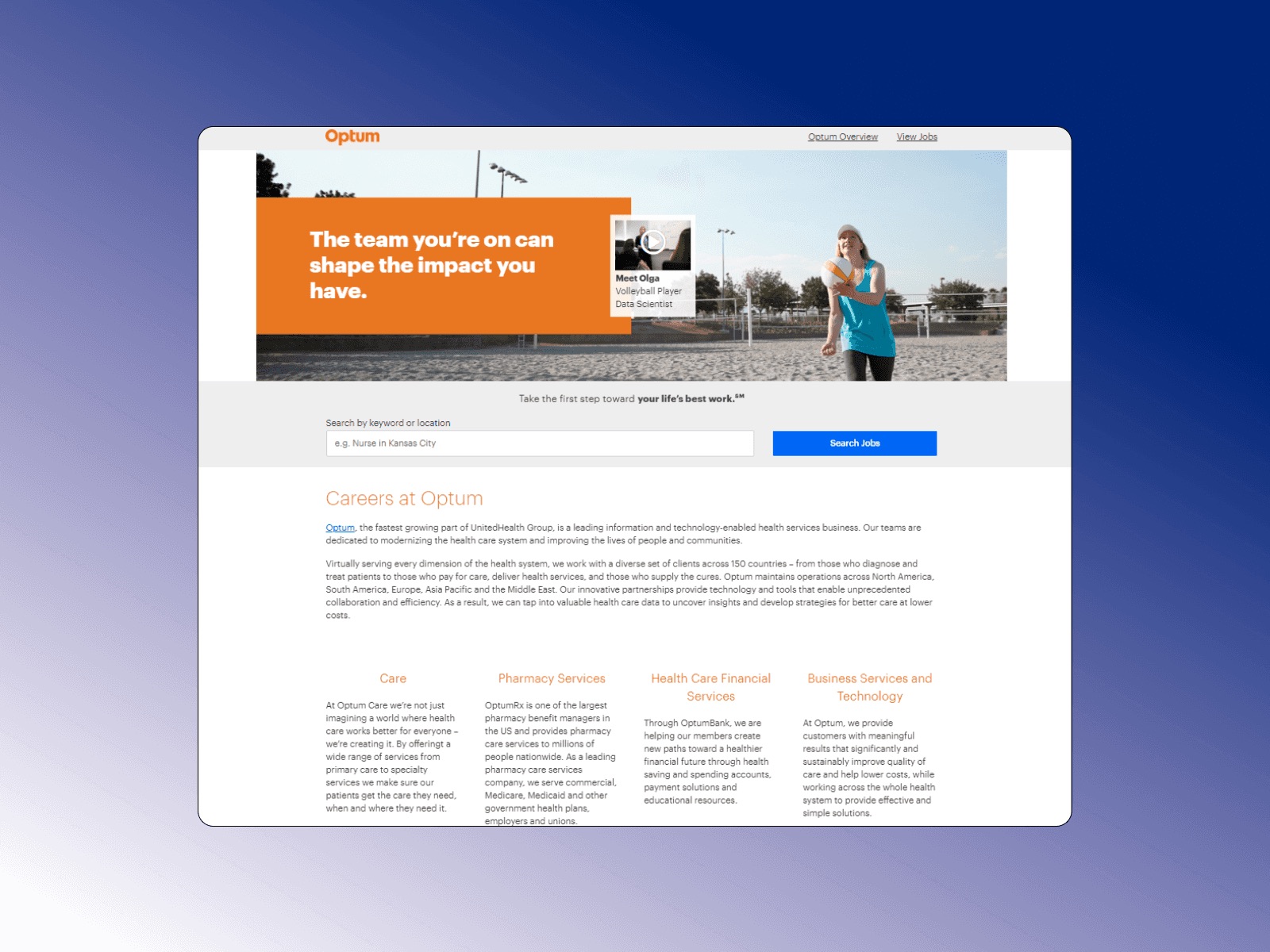 Original Optum careers page before the content redesign