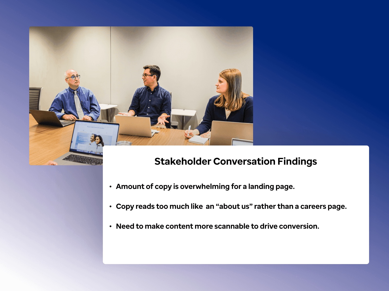 Talent acquisition stakeholders reviewing the existing careers page findings around a conference table