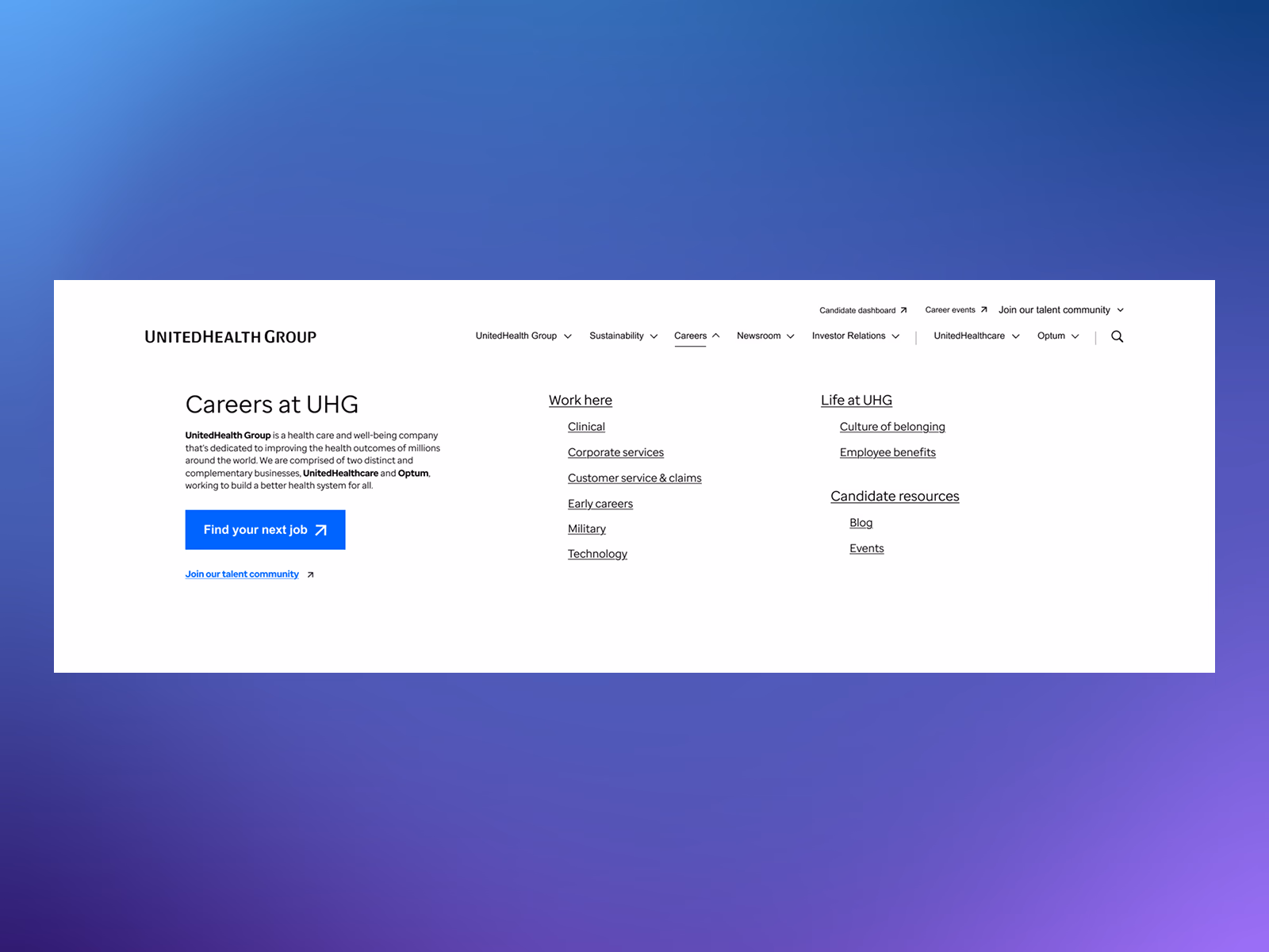 After: rebuilt Careers menu with Work here, Life at UHG, and Candidate resources sections